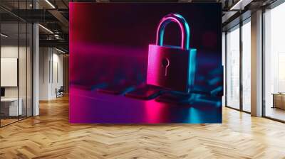 A padlock on a laptop keyboard symbolizes data protection, online safety, privacy, secure connection, and digital security. Wall mural