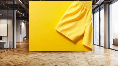 A pair of bright yellow swim shorts lay on a yellow background with a tropical palm leaf partially visible.  These shorts are perfect for summer days at the beach or pool. Wall mural