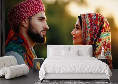 A portrait of a Muslim couple dressed in traditional attire, gazing into each other's eyes with love and affection, representing faith, unity, and cultural heritage. Wall mural