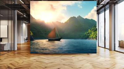 A sailboat glides across the tranquil waters of a tropical bay, bathed in the golden glow of the setting sun. Lush green mountains rise up on either side of the bay, creating a stunning natural landsc Wall mural