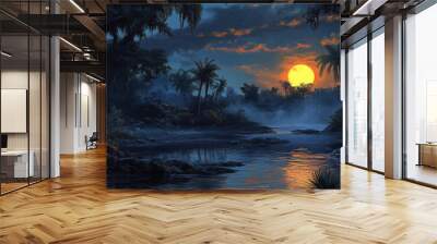 A serene scene of a tropical rainforest at dusk with a river winding through the dense foliage. The setting sun casts a warm glow over the landscape, illuminating the lush vegetation and the still wat Wall mural