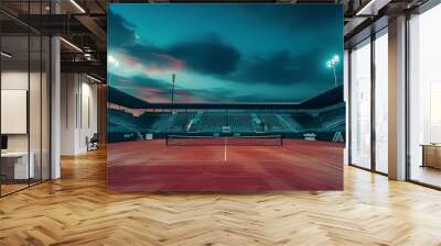 A serene tennis court bathed in the soft glow of twilight. The stadium stands silent, the net taut,  ready for the next match. The sky is ablaze with vibrant colors, a canvas for the dreams of champio Wall mural