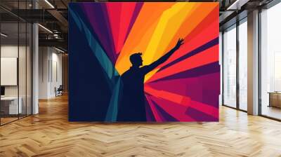 A silhouette of a man with outstretched arms, reaching towards a vibrant and colorful abstract background. This symbolizes hope, ambition Wall mural