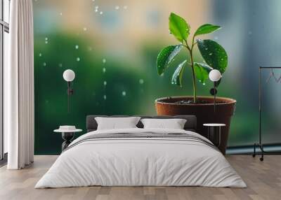 A small green plant, potted in a terracotta pot, sits on a windowsill. The plant is thriving, with lush leaves and a healthy stem. Rain drops fall outside the window, creating a peaceful and refreshin Wall mural