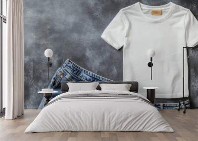 A top view of a white cotton t-shirt and blue denim jeans on a grey background. The t-shirt is folded and placed in the center of the image. The jeans are folded and placed on the left side of the ima Wall mural