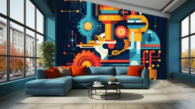 A vibrant abstract engine fueled by ideas, representing the creative process. Gears, pipes, and electrical circuits symbolize innovation, collaboration, and progress. Wall mural