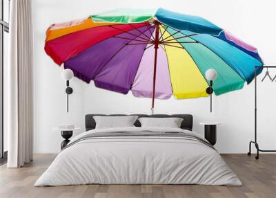 A vibrant beach umbrella with a rainbow of colors providing shade and a joyful atmosphere, symbolizing relaxation, summer fun, protection, vibrant energy, and carefree living. Wall mural