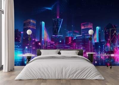 A vibrant cityscape with glowing neon lights, reflecting on the water, symbolizing technology, innovation, urban life, and the future. Wall mural