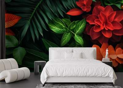 A vibrant collage of tropical foliage and flowers, showcasing the beauty and mystery of nature. The image features a variety of textures and colors, from the delicate petals of the orange flowers to t Wall mural