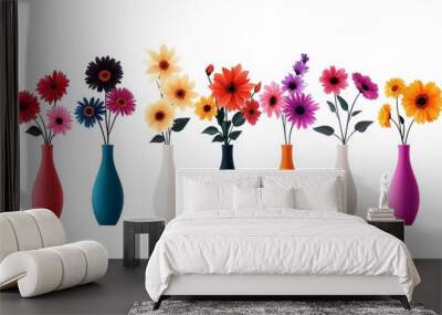 A vibrant collection of colorful flowers arranged in vases, symbolizing beauty, nature, life, happiness, and joy. Wall mural