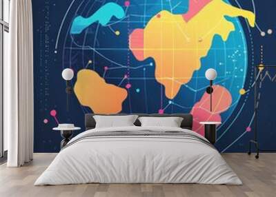 A vibrant illustration depicting a globe with colorful data points and lines representing worldwide search trends. This concept symbolizes global connectivity, data analysis, and the interconnected na Wall mural