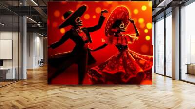 A vibrant illustration of a couple dancing the night away in celebration of Day of the Dead. The woman wears a traditional red dress with a wide-brimmed hat and the man is dressed in a black suit. Bot Wall mural