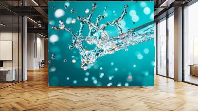 A vibrant image of water splashing from a pipe, creating a beautiful spray of droplets against a blue background. The image symbolizes the power, fluidity, and energy of water, as well as the concepts Wall mural