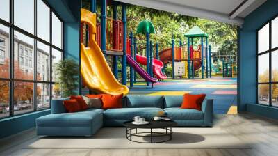 A vibrant playground featuring colorful slides, climbing structures, and a safe, padded surface. It symbolizes childhood joy, outdoor play, physical activity, imagination, and community. Wall mural