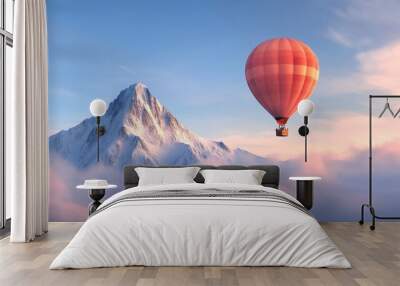 A vibrant red hot air balloon gracefully ascends above a snow-capped mountain peak, symbolizing adventure, freedom, exploration, and the pursuit of dreams. The clouds below create a soft, ethereal bac Wall mural