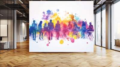 A vibrant watercolor illustration depicting a diverse group of professionals collaborating at a table, symbolizing teamwork, communication, innovation, problem-solving, and success. Wall mural