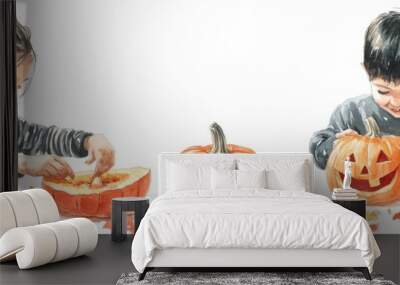 A watercolor illustration of two children carving pumpkins for Halloween. One child is scooping out the pumpkin, while the other is carving a jack-o'-lantern face. The illustration is full of fall col Wall mural