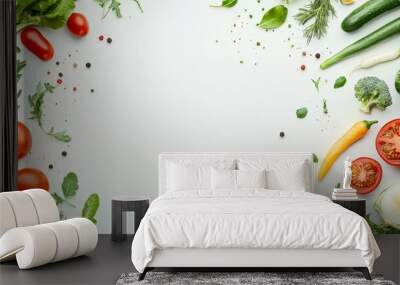 A white background with fresh vegetables and herbs arranged in a border, showcasing the vibrant colors and textures of healthy ingredients. Wall mural