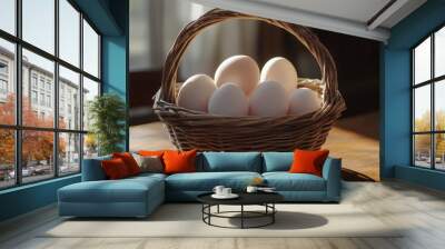 A wicker basket filled with fresh, white eggs, symbolizing nourishment, new beginnings, and the bounty of nature. Perfect for recipes, baking, and breakfast. Wall mural