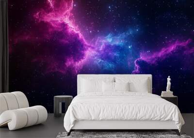 An abstract portrayal of space with a swirling nebula in hues of pink and blue, evoking concepts of cosmic energy, celestial beauty, the vastness of the universe, and the mysteries of the cosmos. Wall mural