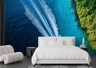 An aerial view of a speedboat cutting through the crystal clear waters, leaving a white foamy wake in its path. The vibrant blue water contrasts beautifully with the lush green foliage on the shore, c Wall mural