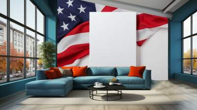 An American flag draped with a blank card for a patriotic message, perfect for celebrations like Memorial Day, Veterans Day, and Independence Day. Wall mural