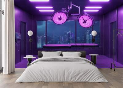 An empty operating room with two surgical lights illuminating the space in a vibrant purple hue. The room features a large window showcasing a nighttime cityscape, adding a sense of urban modernity. T Wall mural