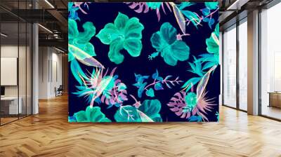 Blue Hibiscus Foliage. Azure Flower Design. Green Seamless Plant. Watercolor Set. Pattern Texture. Pink Tropical Palm. Exotic Foliage. Art Painting. Wall mural