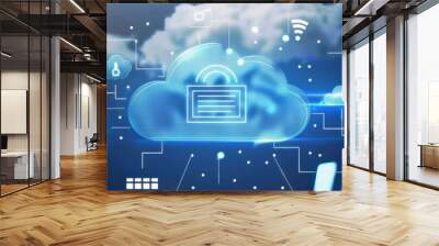 Cloud Computing Technology with Digital Icons - An illustration of cloud computing technology with a central cloud icon and various digital icons. Wall mural