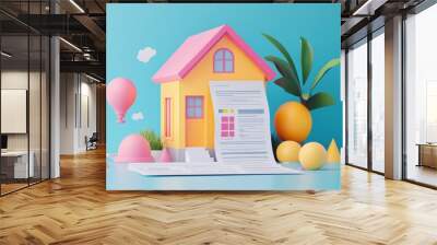 Dream Home Contract: Buying Your First House - A colorful illustration symbolizing a dream house contract, with a house, a palm tree, and a hot air balloon representing a new beginning and exciting fu Wall mural