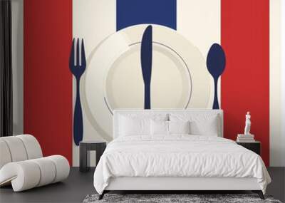 French Table Setting - A simple illustration of a French table setting with a white plate, fork, knife, and spoon on a red, white, and blue background. Wall mural