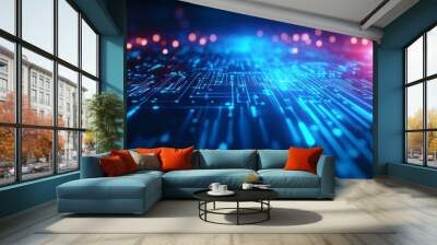 Futuristic Digital Network Technology Abstract Background - An abstract background representing technological advancements, innovation, data flow, connectivity, and the future of technology. Wall mural