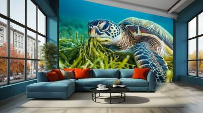 Green Sea Turtle Grazing on Seaweed in the Ocean - A green sea turtle gracefully consumes seaweed in a serene underwater environment, showcasing the beauty and delicate balance of marine ecosystems. Wall mural