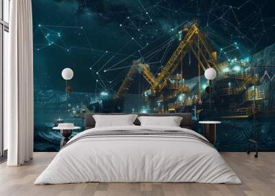 Mining Operation Connected by Network - A mining operation at night with several excavators working in a quarry, connected by a network of data. - A mining operation at night with several excavators w Wall mural