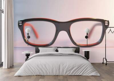 Modern Black Eyeglasses with Orange Accents - A pair of stylish eyeglasses with a black frame and orange accents, symbolizing modern design, fashion, vision, clarity, and individuality. Wall mural