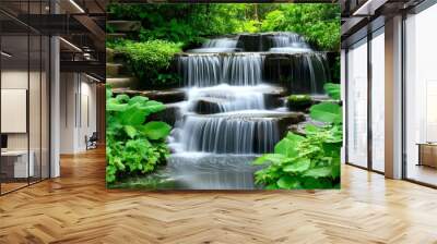 Serene Cascading Waterfall in Lush Green Forest,  a tranquil scene of nature's beauty, showcasing a cascading waterfall amidst vibrant green foliage, symbolizing tranquility, peace, and the cycle of l Wall mural