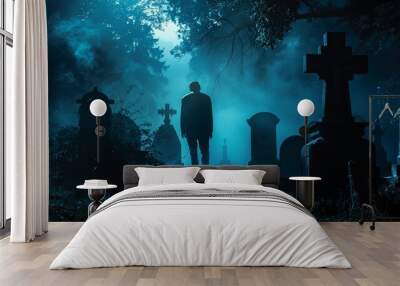 Silhouette of a man in a graveyard - A mysterious silhouette of a man standing in a graveyard at night, surrounded by fog, tombstones, and crosses. The atmosphere is dark, eerie, and mysterious. - A m Wall mural