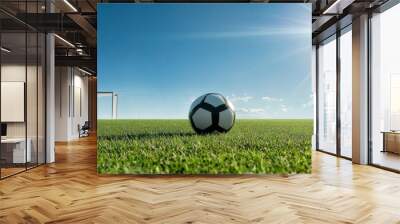 Soccer Ball on Green Grass Field with Goal in Background - A soccer ball rests on a lush green grass field with a goal in the background. The sun shines brightly in a clear blue sky, symbolizing achie Wall mural