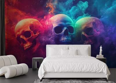 Three Skulls in a Colorful Smoke Cloud - Three skulls emerge from a cloud of colorful smoke, symbolizing the impermanence of life, the power of transformation, the beauty of death, and the mystery of  Wall mural