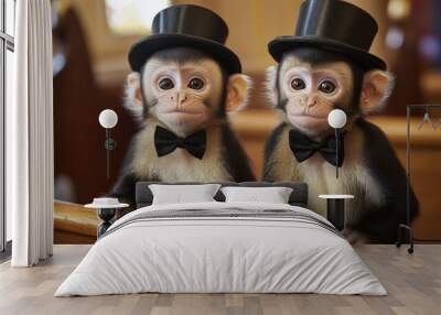 Two adorable monkeys, dressed in top hats and bow ties, sit side-by-side on a wooden surface. The image represents friendship, formal attire, and a touch of humor. Wall mural