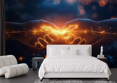 Two glowing hands reach out to each other, their fingers interlocked in a symbol of unity, connection, and shared energy. The hands are surrounded by shimmering particles, representing the power of hu Wall mural