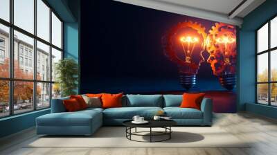 Two Light Bulbs with Gears Representing Collaboration and Innovation - Two light bulbs with gears intertwined symbolize collaboration, innovation, creativity, and teamwork.  They represent the power o Wall mural