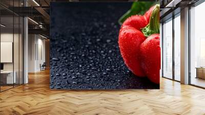 Two vibrant red bell peppers with water droplets, symbolizing freshness, health, vitality, and the beauty of nature. The black background creates a dramatic contrast, highlighting the peppers' vibrant Wall mural