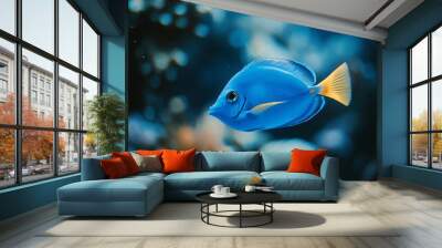 Vibrant Blue Tang Fish Swimming in Coral Reef - A vibrant blue tang fish swims gracefully through a coral reef, its yellow tail fin contrasting against the deep blue water. This image symbolizes under Wall mural