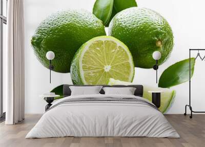 Fresh Juicy Green Lime with Cut in Half Slices and Whole with Leaf Wall mural