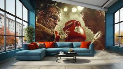 A close-up of two boxers exchanging punches, their gloved hands colliding with force, intensity and motion captured in high-definition, while the softly blurred crowd and lights offer clear copy space Wall mural