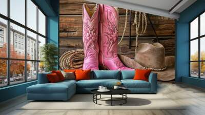 Fancy cowgirl boots with a cowboy hat and lasso rope background a wooden wall Wall mural