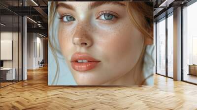 Young beautiful girl with clear healthy skin biting lip Close up on white background Beauty care and spa Wall mural