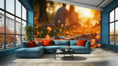 The Joyful Atmosphere as People Relax on a Camping Picnic, Surrounded by Tranquil Wilderness Wall mural