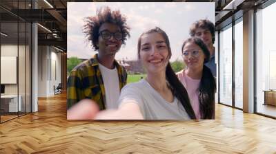 Pov shot of multiethnic young friends having video call or taking selfie together in park Wall mural